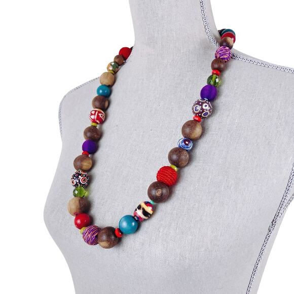 Colorful Chunky Painted Wood Bead Global Style Necklace Boho Bold Folk Graziano? - Picture 2 of 11